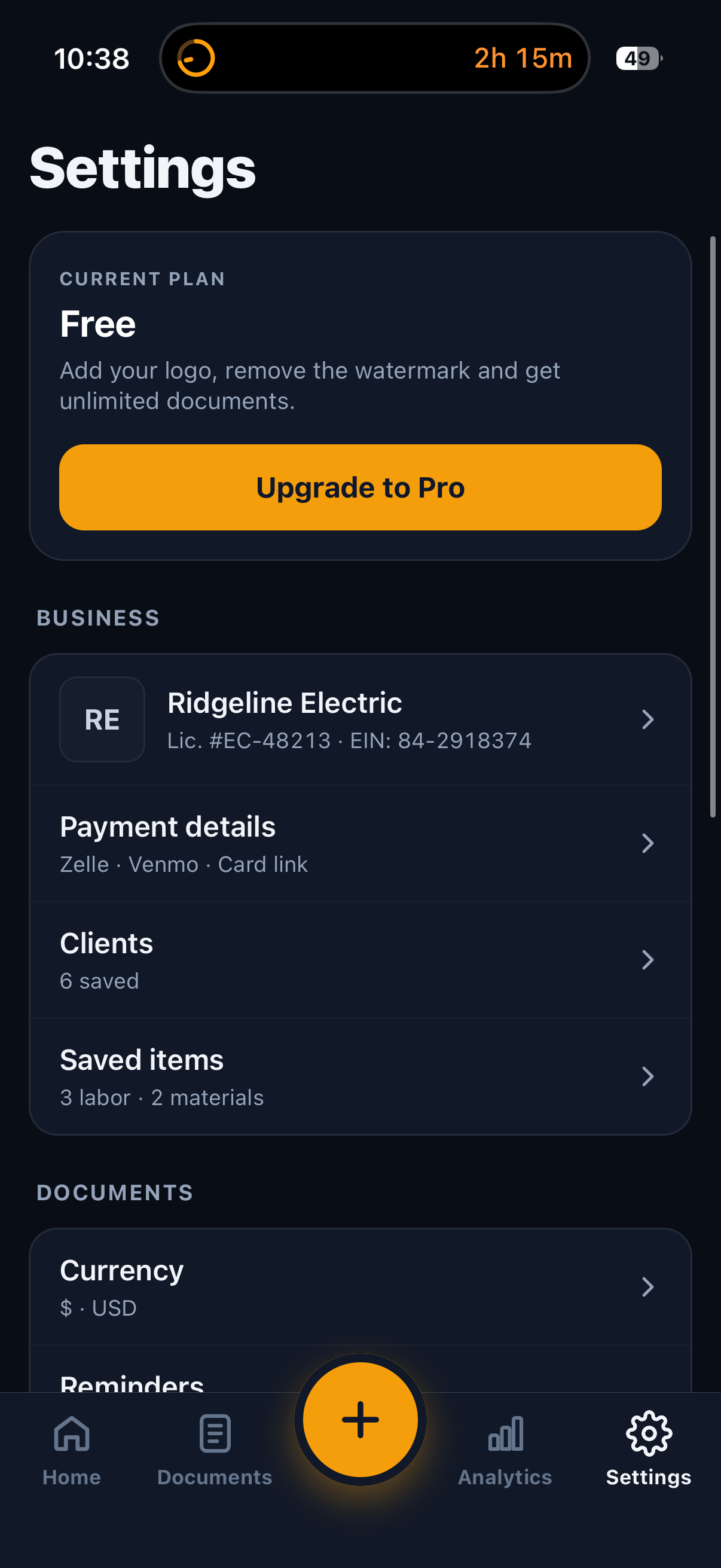 Settings screen